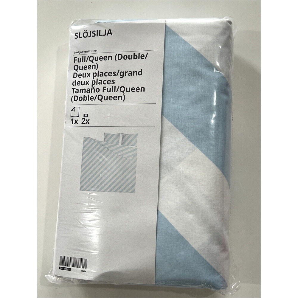 Ikea SLOJSILJA Full Queen Duvet Cover + 2 Pillowcases Light Blue White Stripe